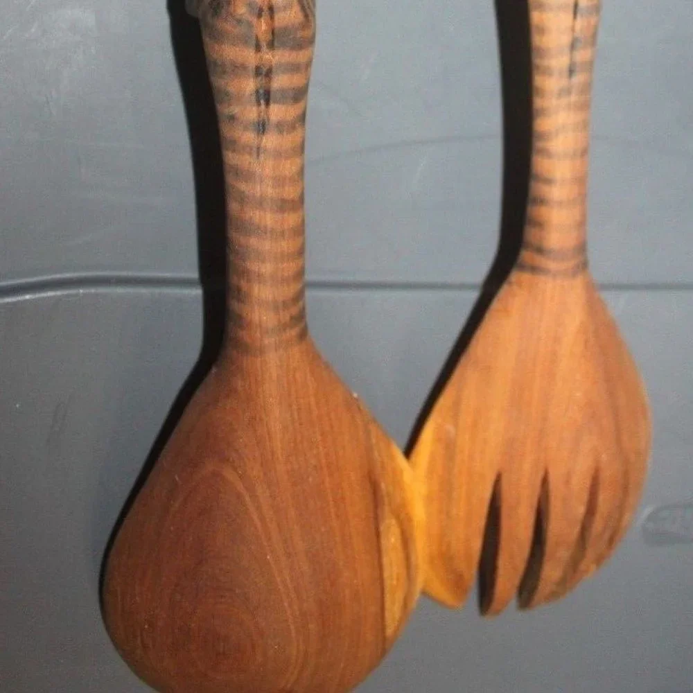 Unique Rare Carved Detailed wooden salad fork & spoon server striped animal …
